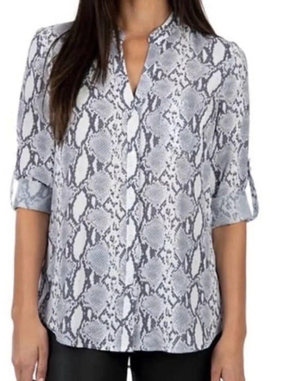 Kut from the Kloth Gray Snake-Print Roll Sleeve Top